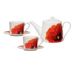 Ashdene Red Poppies Teapot & 2 Teacup Set